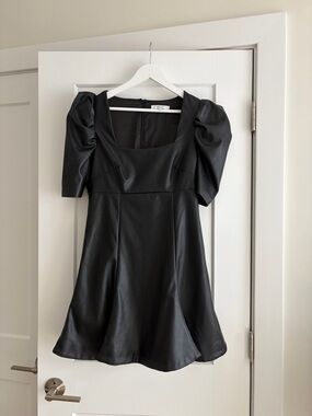 Likely Black Faux Leather Mini Dress with Puff Sleeves